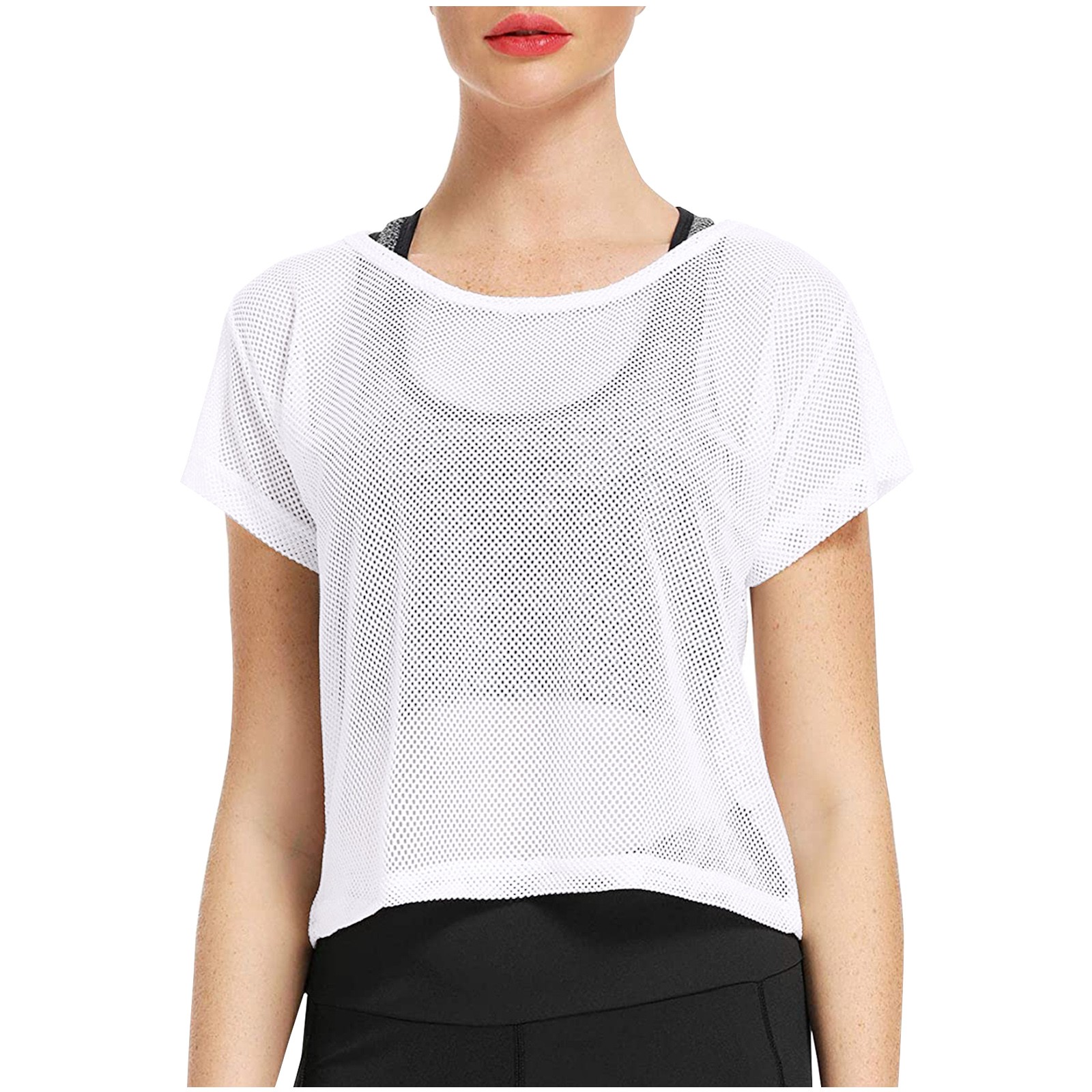 thumbnail image 2 of Top corto de malla transparente para mujer - Camiseta de manga corta de rejilla, poliéster, informal/fiesta, S-XL, múltiples ocasiones, 2 of 8